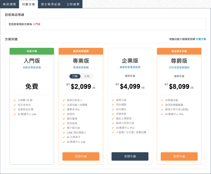 WACA 一站式開店服務，在付費方案選擇要更換的方案