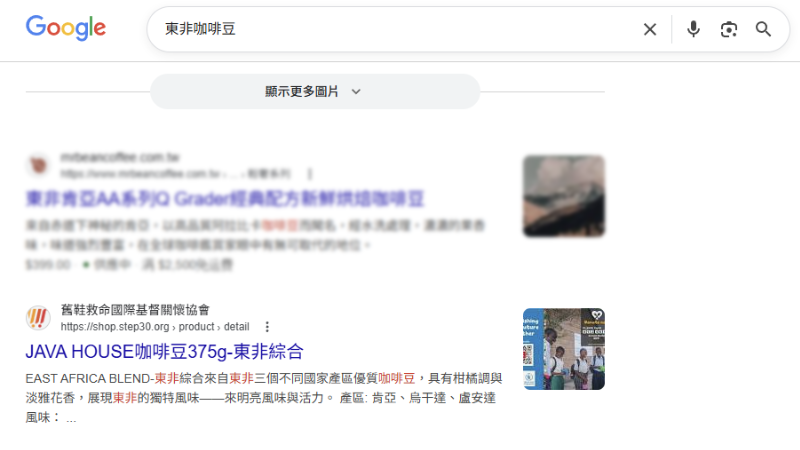 Google 搜尋東非咖啡豆找到非藏好官網畫面截圖