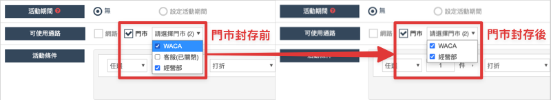 WACA 商家活動可使用通路下拉選單,門市關閉顯示已關閉標示、封存後門市消失的前後對照