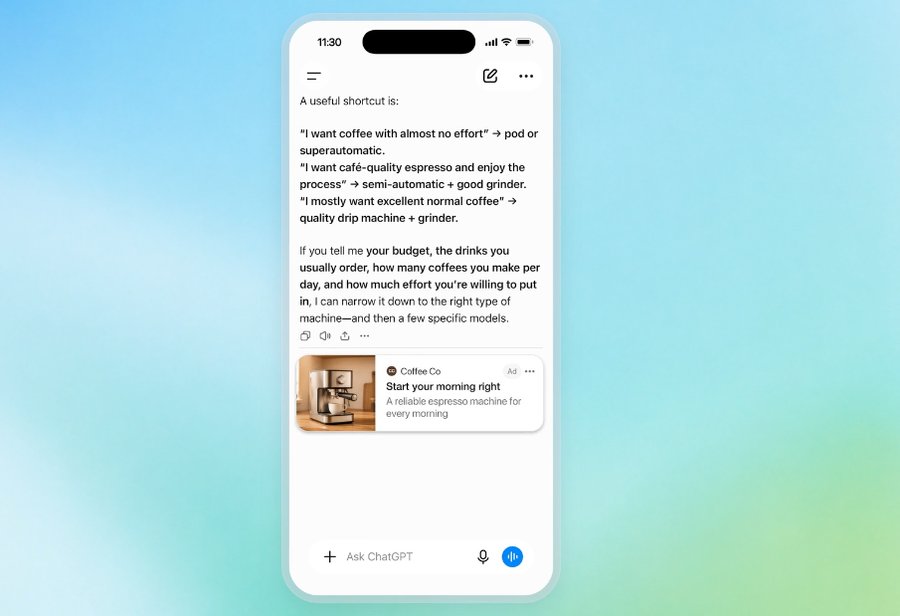 ChatGPT 廣告顯示位置示意:廣告卡片標示 Ad,出現在 ChatGPT 回答下方,與回答內容分開呈現